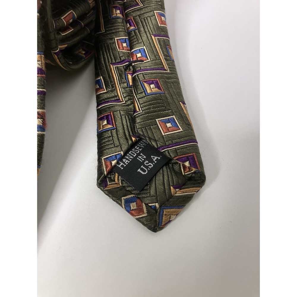 Jos A Bank Signature Collection Tie Olive Green Geometric Pattern Hand-sewn USA - Picture 3 of 5
